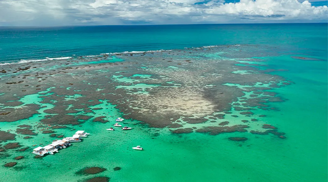 Piscinas Naturais Galés de Maragogi Vista aérea das Galés de Maragogi em um dia de sol, mostrando os recifes de corais que formam piscinas naturais na água de cor azul-turquesa, com alguns barcos e uma plataforma flutuante com turistas.