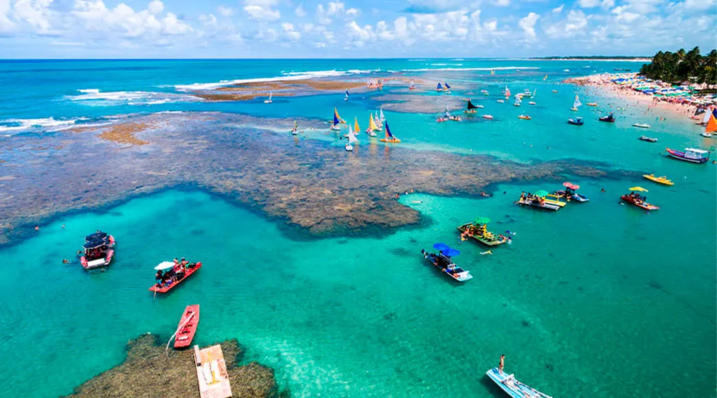 Piscinas Naturais de Porto de Galinhas Vista aérea das movimentadas piscinas naturais de Porto de Galinhas, com dezenas de jangadas de velas coloridas e turistas nadando na água azul-turquesa entre os recifes, com a praia lotada ao fundo.