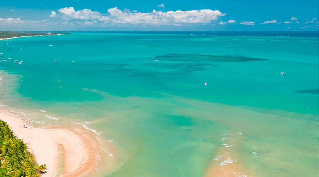 Praia de Maragogi com águas cristalinas e céu azul Vista aérea da praia de Maragogi, com águas cristalinas e céu azul, mostrando a areia e o litoral.