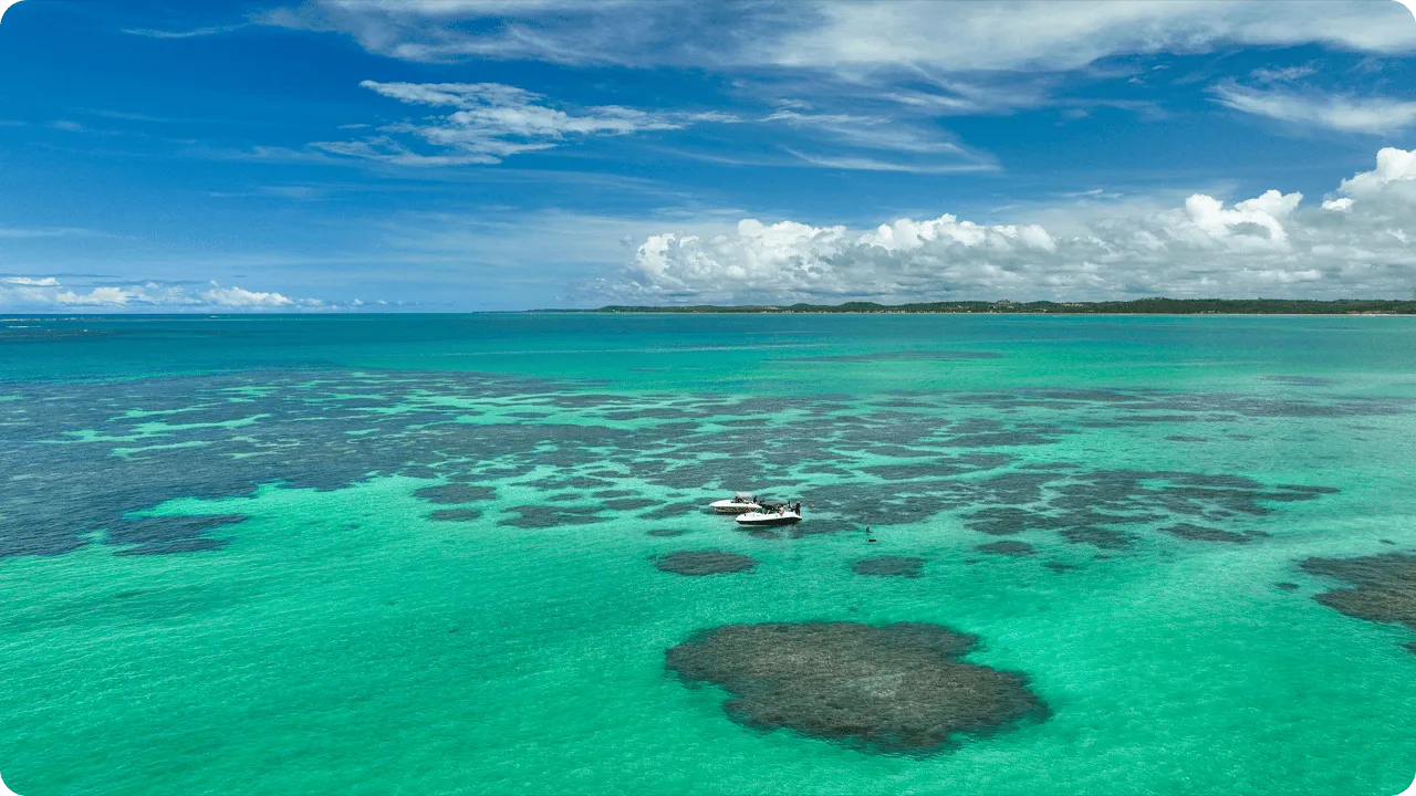 Piscinas Naturales de Maragogi Vista aérea de las piscinas naturales de Maragogi, que muestra vastos arrecifes de coral bajo aguas turquesas cristalinas, con barcos turísticos anclados para que los visitantes practiquen snorkel.