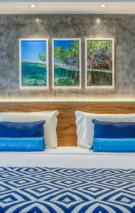 acomodações salinas maragogi Apartamento Standard Vitória-Régia, uma das acomodações do Salinas Maragogi, com cama uma queen size, banheiro e decoração aconchegante composta por madeira, luminárias e uma composição de quadros de praias de Maragogi.