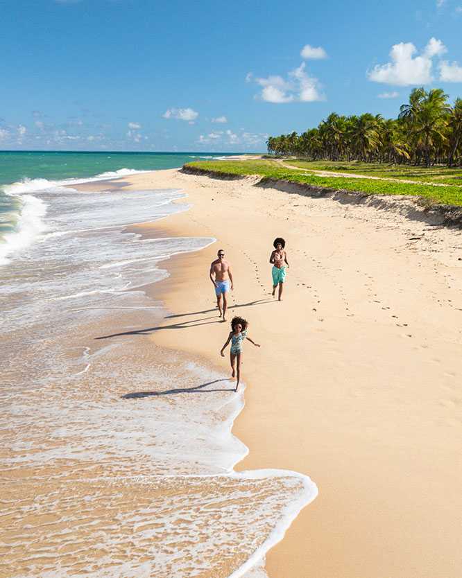 praia do gunga Vista com família correndo de mãos dadas na areia da Praia do Fancês. A água do mar é azul-turquesa e na beira há recifes de corais. O dia está ensolarado com céu azul com poucas nuvens.