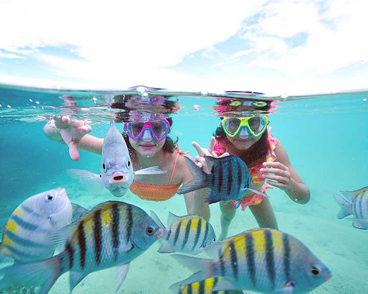 Duas crianças nadando com os peixinhos nos Galés de Maragogi.