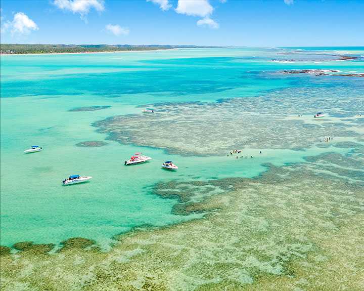 Imagem aérea das piscinas naturais de Barra Grande, em Alagoas.