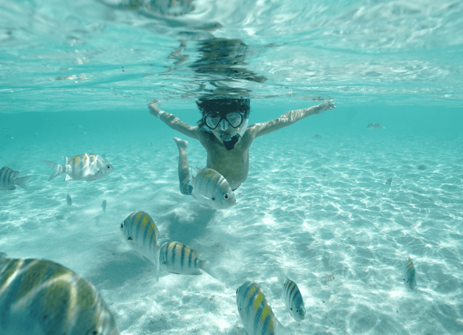 Criança mergulhando nas águas cristalinas, cercada por peixes tropicais nas piscinas naturais de Barra Grande.